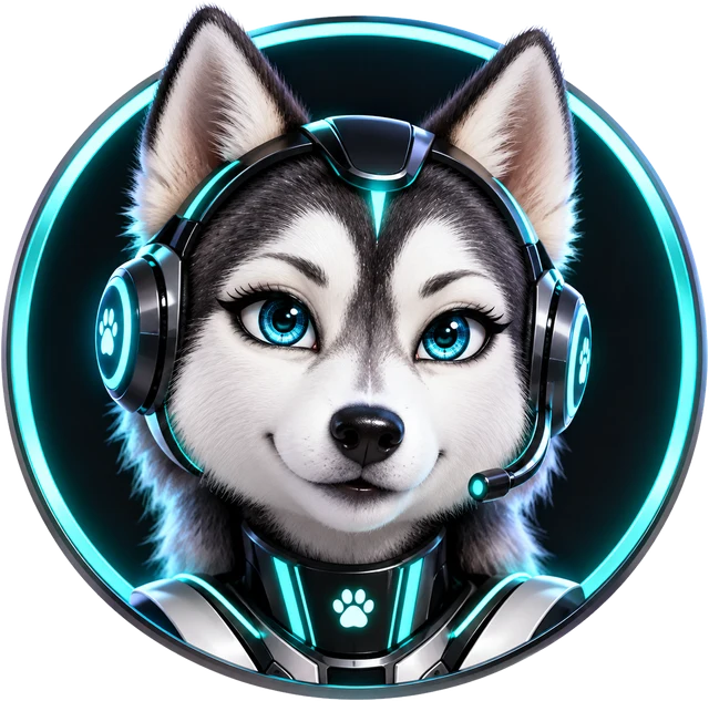 Lulu, a inteligência operacional da Wega: uma husky com headset e detalhes em ciano